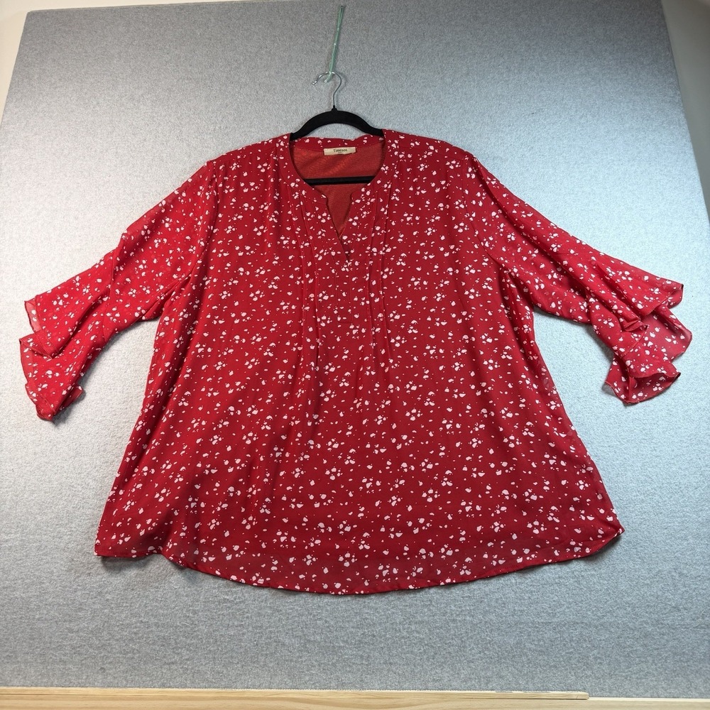 Timeson Chiffon Blouse XXL Red White Speckled Tiered Ruffle Sleeve V-Neck Top